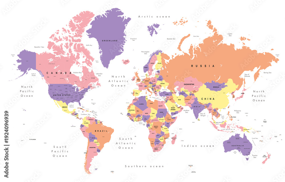 Fototapeta world map. Colourful Illustration showing country names, State names (USA & Australia), capital cities, major lakes and oceans. Print at no less than 36