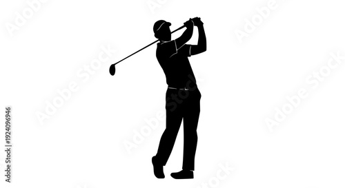 Silhouette graphic illustration of a golfer wearing a cap executing a powerful full swing follow-through motion with a driver club on transparent background