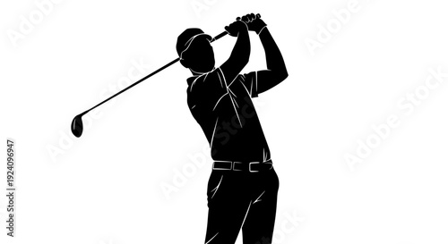 Silhouette graphic illustration representing a professional male golfer executing a powerful backswing with a driver golf club, captured mid-motion on transparent background