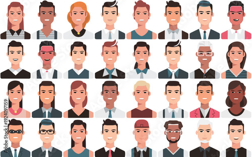 Diverse collection of cartoonish professional avatars with varied expressions and attire