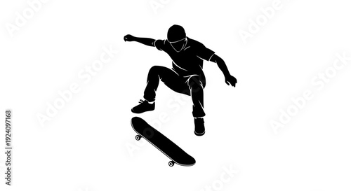 Dynamic black silhouette illustration of a young male skateboarder expertly performing an impressive aerial trick, capturing the essence of action, freedom, and skillful movement in extreme sports.