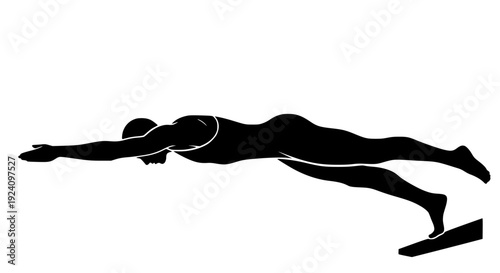 Silhouette of competitive swimmer in streamlined position diving from starting block ready for swimming race competition on transparent background