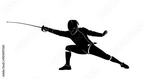 A dynamic black silhouette illustration depicting a fencer in a classic aggressive lunge attack position, armed with a slender sword, showcasing the intense competitive sport, precise skills.