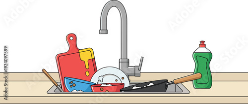Kitchen Sink with Dirty Dishes Vector Illustration for Household Cleaning and Washing Concept Isolated Scene