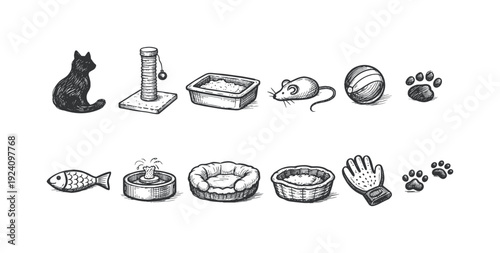 Pet care outline icon set. Cat grooming and accessories icons linear collection