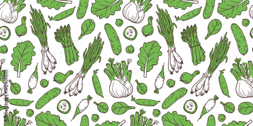 Spring vegetables doodle vector seamless pattern. Simple hand drawn sketch food illustrations with fresh seasonal organic ingredients for menu, packaging and healthy food design.