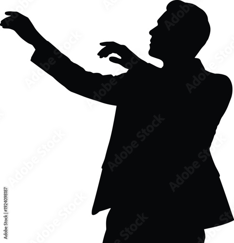Successful businessman silhouette reaching out with arms, professional male figure in formal suit, ambitious leadership concept, flat vector illustration isolated on white