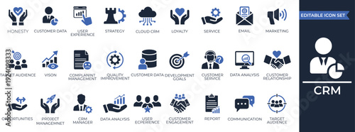 Customer relationship management CRM solid icon set. containing marketing, client, information, data, management, report, strategy, audience, and more. Editable vector icons collection.