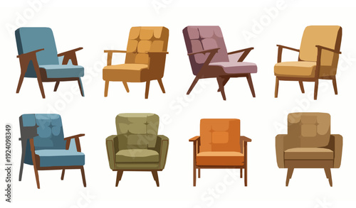 Mid century modern armchair vector set vintage retro furniture collection isolated illustration
