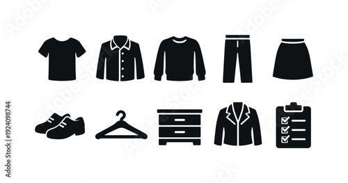 Clothing and wardrobe solid icon set. Apparel, fashion essentials solid collection
