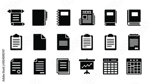 Collection of various document and office supply icons isolated on white background, Vector