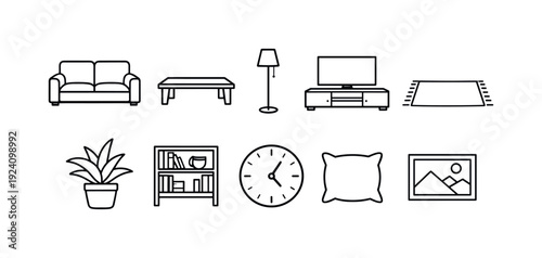 Home furniture linear icon set. Living room furnishings, decor elements line collection.
