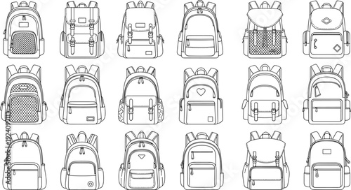 Backpack Outline Vector Set with School Bags and Travel Rucksacks Isolated Black Line Collection