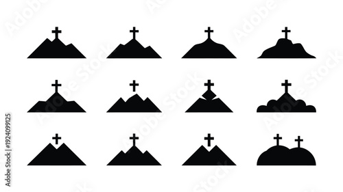 Black silhouettes of mountains with crosses on top symbolizing faith and spirituality in various landscapes