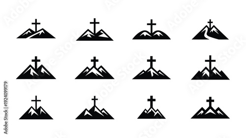 Black and white mountain icons with crosses on top symbolizing faith and spirituality in nature religious and cultural vector graphics