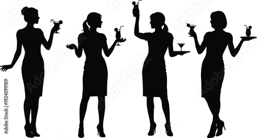 Silhouettes of four women in dresses holding cocktails black white background