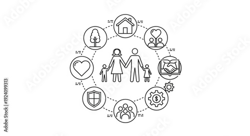 Family life and community support icons surrounding a central family illustration.