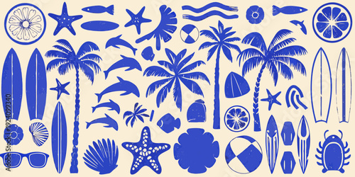 Blue summer motifs surfboards palm trees and marine life collage