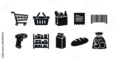 Shopping and grocery solid icon set. Retail and supermarket icons collection