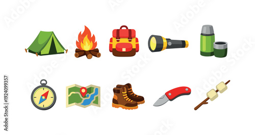 Camping adventure flat icon set. Outdoor, hiking, backpacking, nature, recreation icons