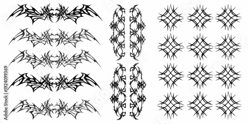 Intricate black tribal designs resembling wings and geometric patterns