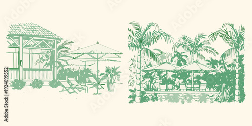 A tranquil tropical scene with a gazebo palm trees and lounge chairs