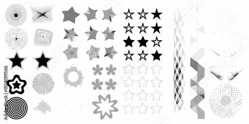 Collection of grayscale star and circular patterns on a white background