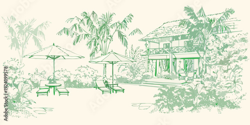 A serene sketch of a tropical villa with a patio and palm trees