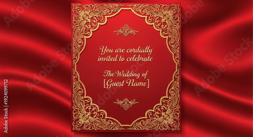 Elegant Red Wedding Invitation with Gold Ornate Border.