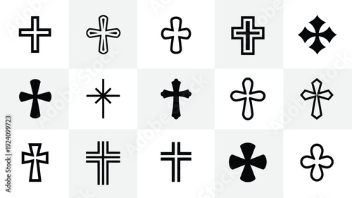 Collection of sixteen unique cross symbols in various styles and designs on alternating light and dark gray backgrounds