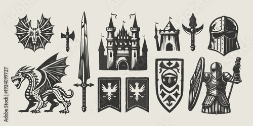 Vintage collection of medieval weaponry castles and fantastical creatures