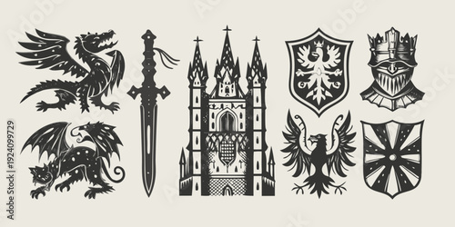 Vintage heraldic elements featuring dragons castles and knightly symbols