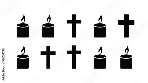 Black candles and crosses arranged in a grid pattern on a white background symbolizing mourning remembrance and solemnity