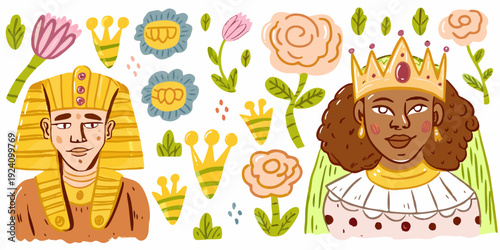 Colorful illustration featuring pharaohs crowns and whimsical floral arrangements