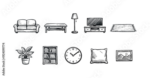 Home furniture icon set. Living room, comfort, sketch style furniture icons collection.