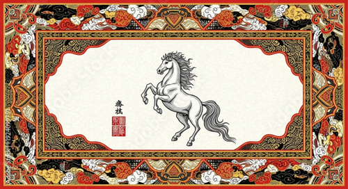 Elegant white horse rearing up with ornate border.