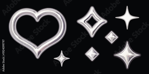 Silver heart and diamond shapes with sparkling starbursts on black