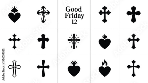 Collection of black christian cross and heart symbols for good friday on white background various designs