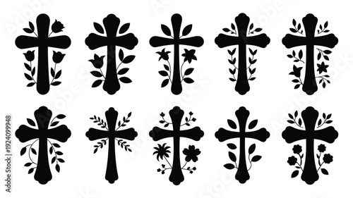 Collection of ten unique black cross symbols with floral and leaf decorations on white background ideal for religious and spiritual themes