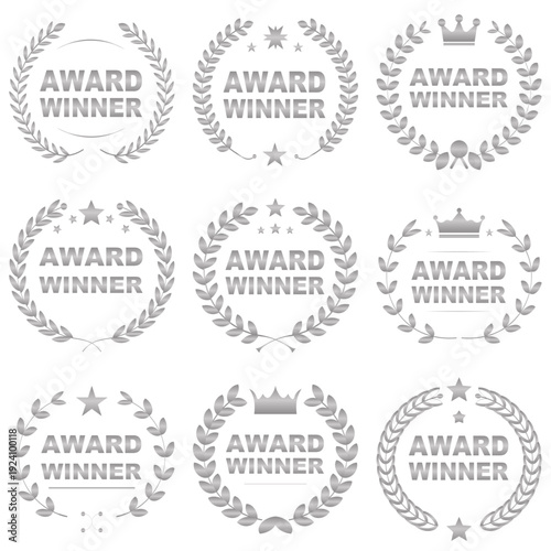 Award emblem realistic metallic silver, for success achievement and trophy. Vector set.