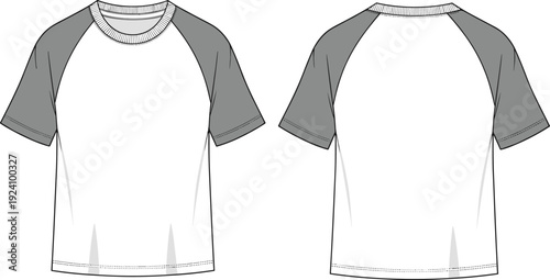 Raglan t shirt technical drawing front and back view, short sleeve casual apparel flat sketch vector template