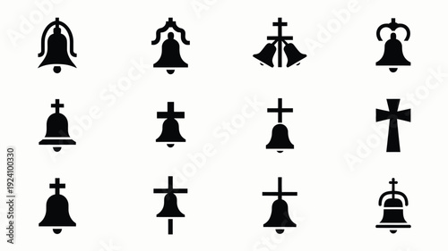 Collection of black christian cross and church bell symbols in various styles on white background religious icons