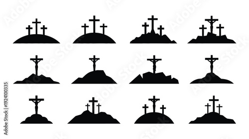 Collection of black silhouette crosses on hills and mountains various configurations and shapes vector illustrations on white background