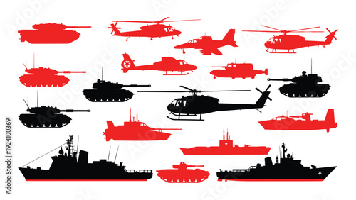 Military vehicles and ships in red and black isolated on white background, Vector