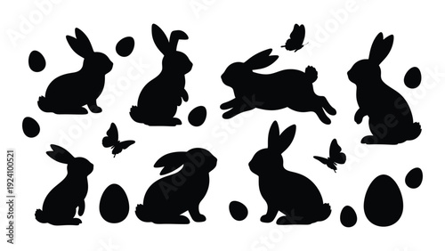 Black silhouettes of bunnies and eggs on white isolated on white background, Vector