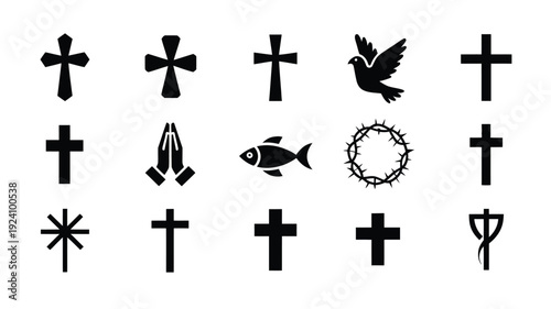 Collection of christian symbols crosses and religious icons in black on white background representing faith and spirituality