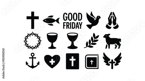Collection of christian symbols and icons for good friday including crosses dove lamb and chalice in black on white background