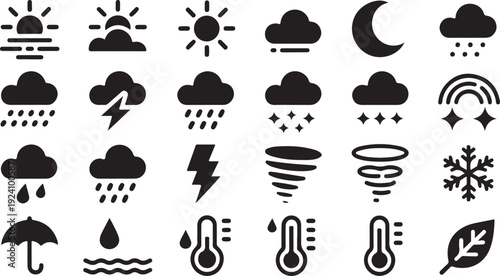 Comprehensive collection of black and white weather condition icons including sun clouds rain and snow