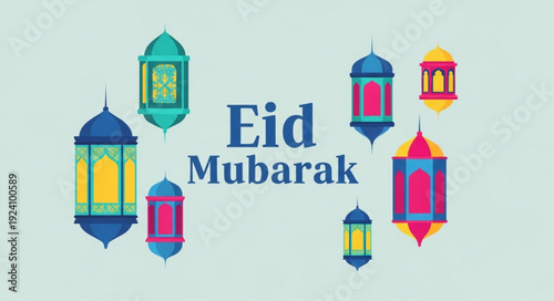 Eid Mubarak greeting with colorful lanterns and text.