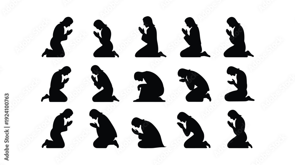 Obraz premium Woman kneeling in prayer sequence silhouette illustration spiritual moment serene atmosphere simple background multiple poses